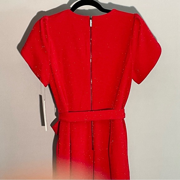 Calvin Klein Sz 10 Vibrant Red Slinky, Sparkly Jumpsuit, Zippered Back, Tie Belt - Picture 6 of 16